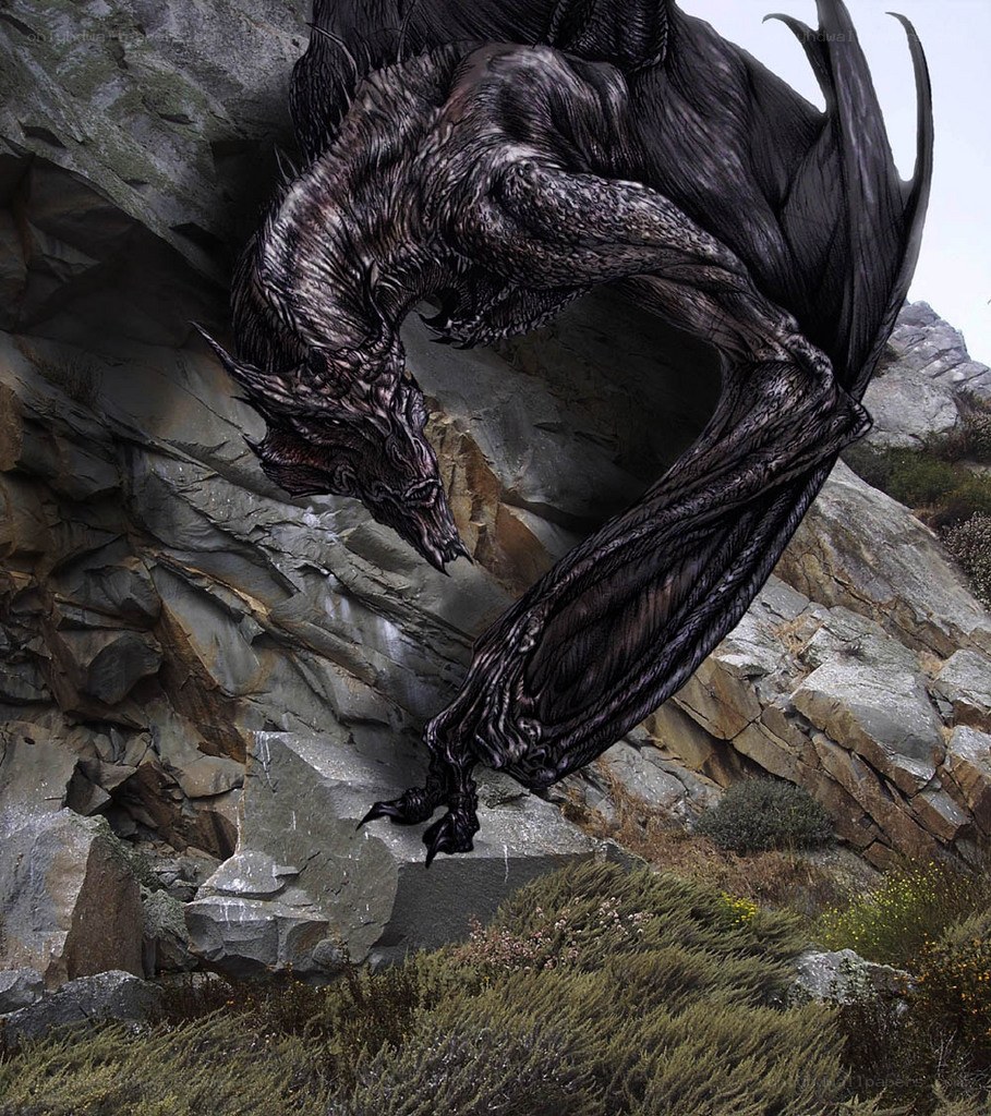 Black dragon on rocky cliff