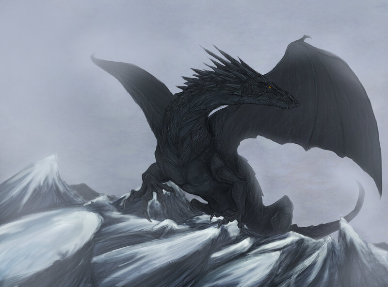 Black dragon on snowy mountain