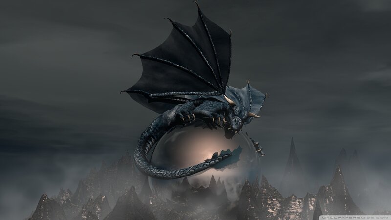 Black Dragon on Sphere — Gray, Dramatic