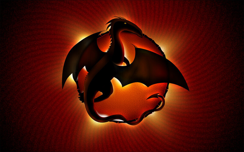 Black Dragon Silhouette — Red, Dramatic, Digital Art, Fire