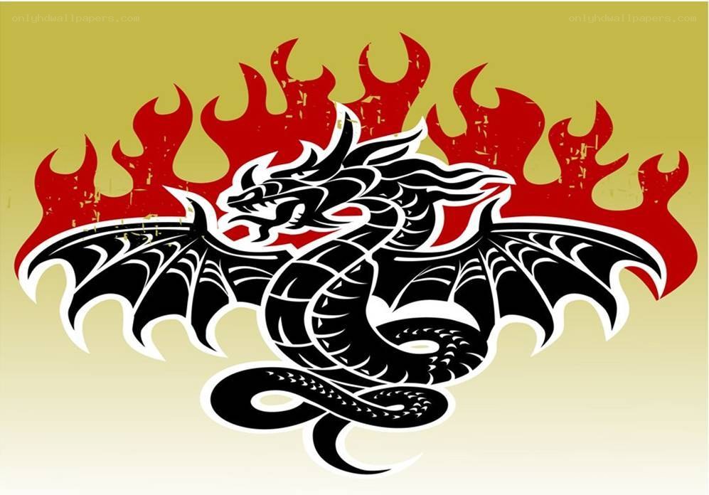 black dragon with flames