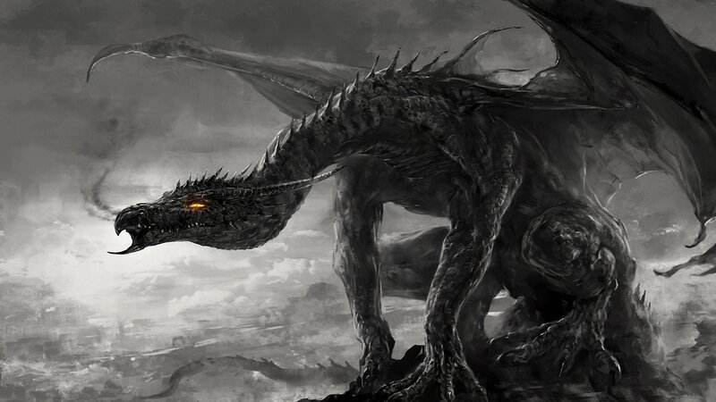 Black Dragon with Glowing Eye — Gray
