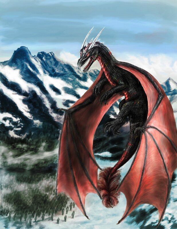 Black Dragon with Red Wings — Dramatic, Winter