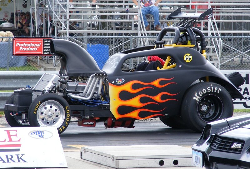 Black dragster with flame decals