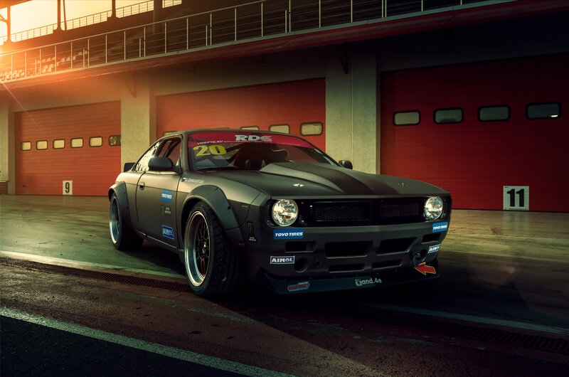 Black Drift Car — Dramatic, Sunset