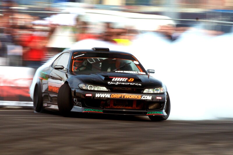 Black Drift Car — Dynamic, Afternoon, Photograph, Smoke, Crowd