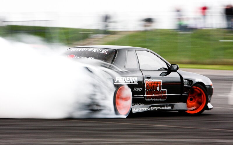 Black Drift Car — Dynamic, Photograph, Smoke, Racetrack