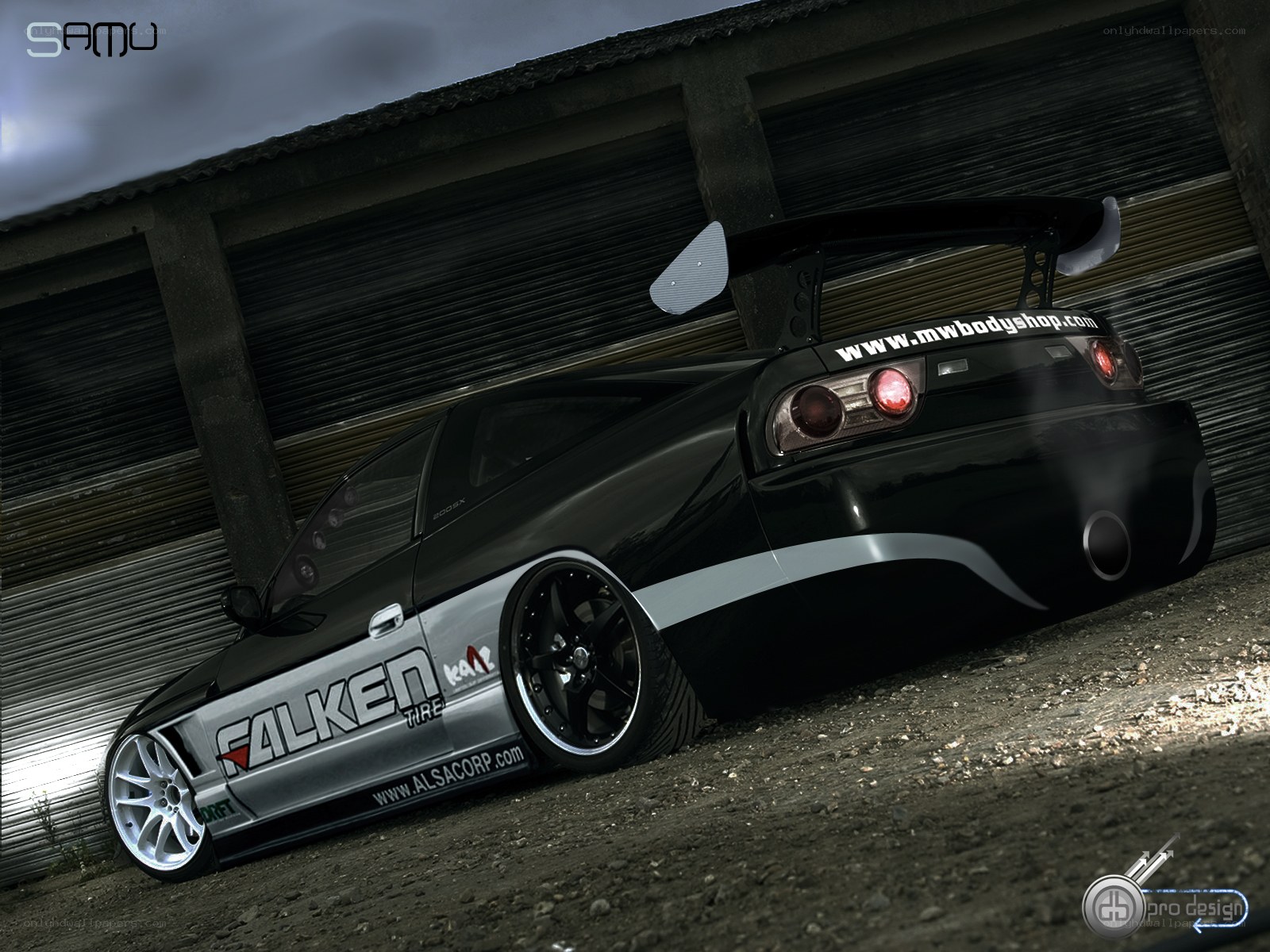 black drift car with large spoiler