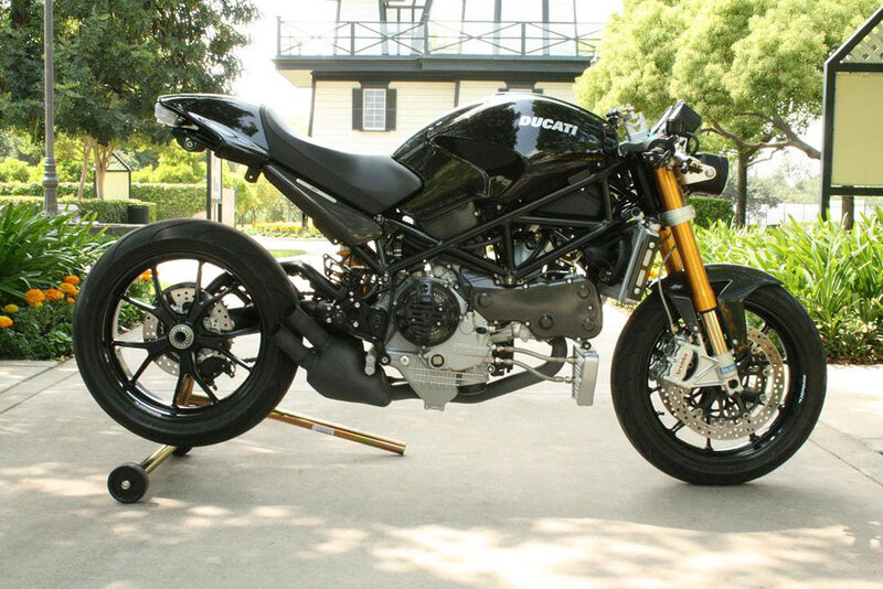 Black Ducati motorcycle on display