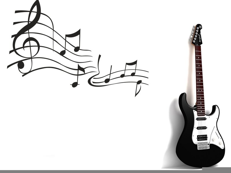 Black Electric Guitar — Clean, 3d Render, Musical Notes, Wall