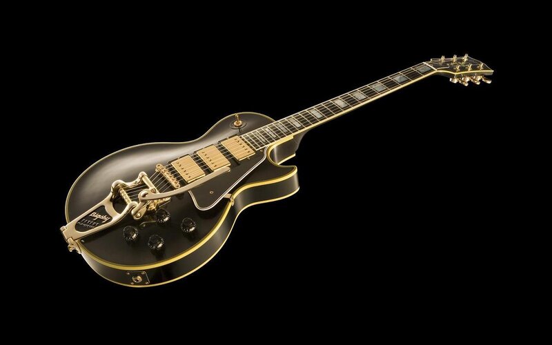 Black Electric Guitar — Dramatic, Photograph, Gold Hardware