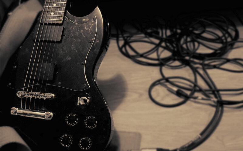 Black Electric Guitar — Dramatic, Photograph, Guitar Strings, Control Knobs
