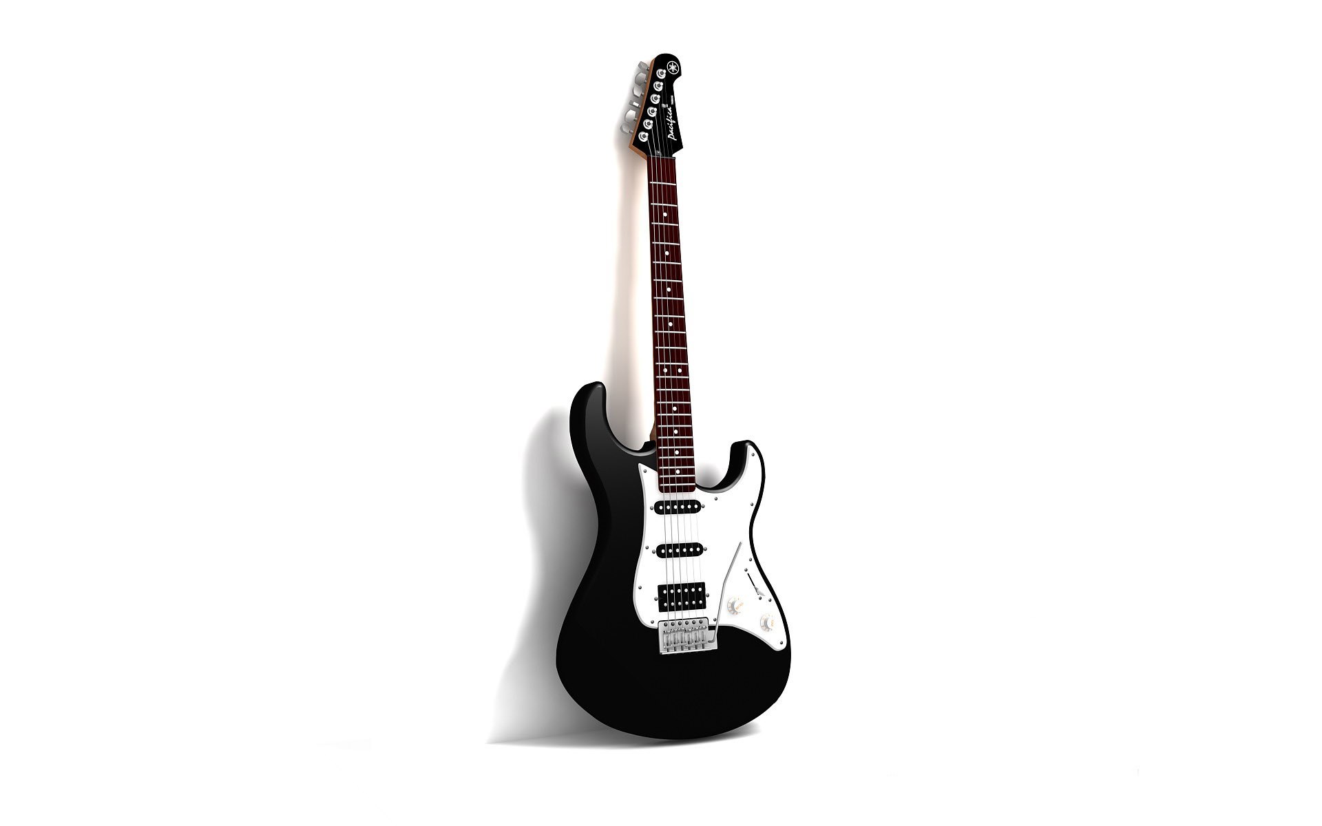 black electric guitar on white background