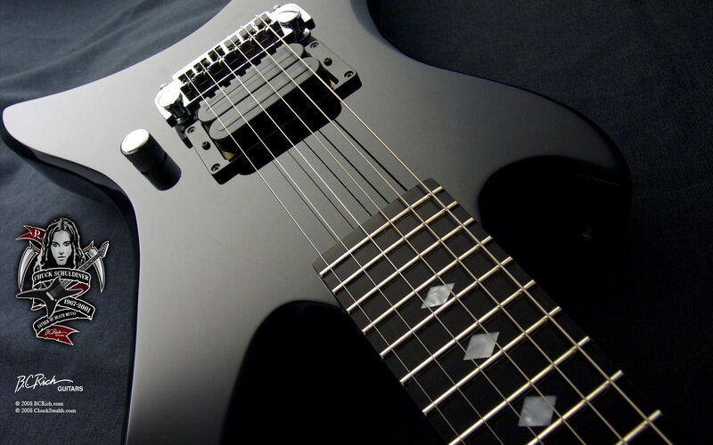 black electric guitar with logo