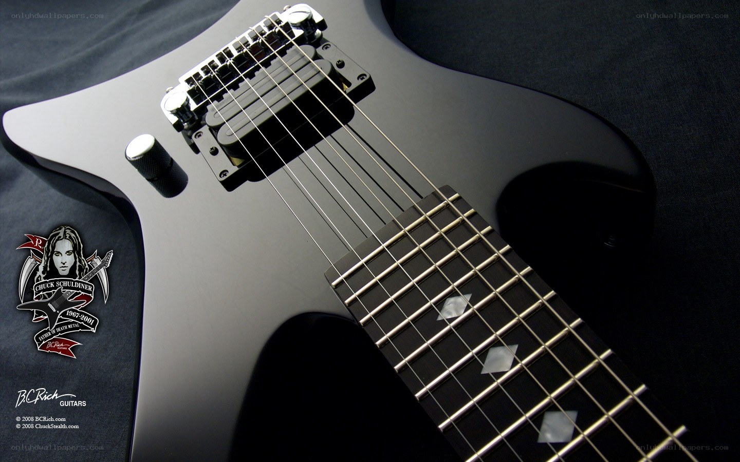 black electric guitar with logo