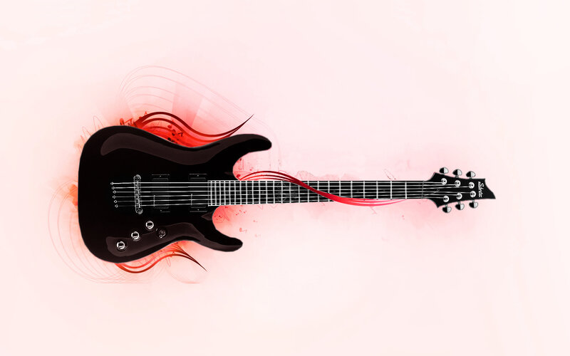 Black electric guitar with red swirls