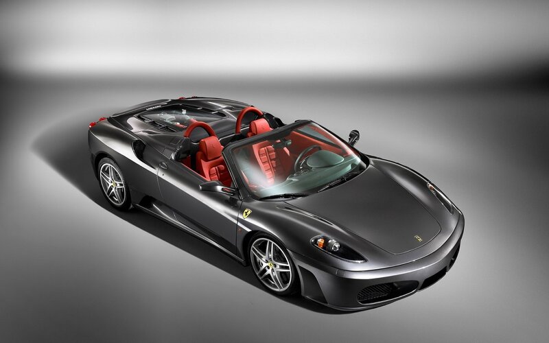Black Ferrari Convertible — Gray, Dramatic, Photograph, Red Seats, Steering Wheel
