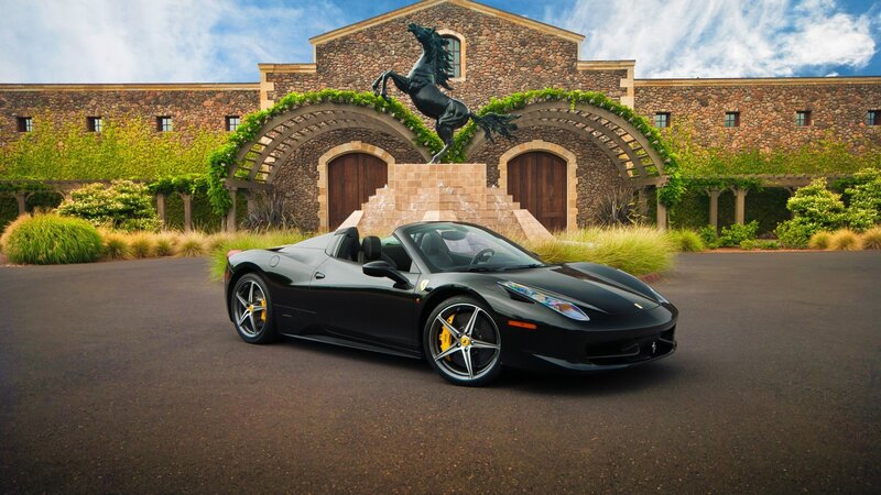 Black Ferrari Convertible — Serene, Afternoon, Photograph, Horse Statue
