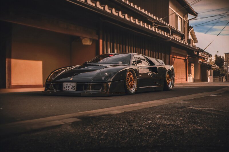 Black Ferrari F40 — Dramatic, Sunset, Photograph