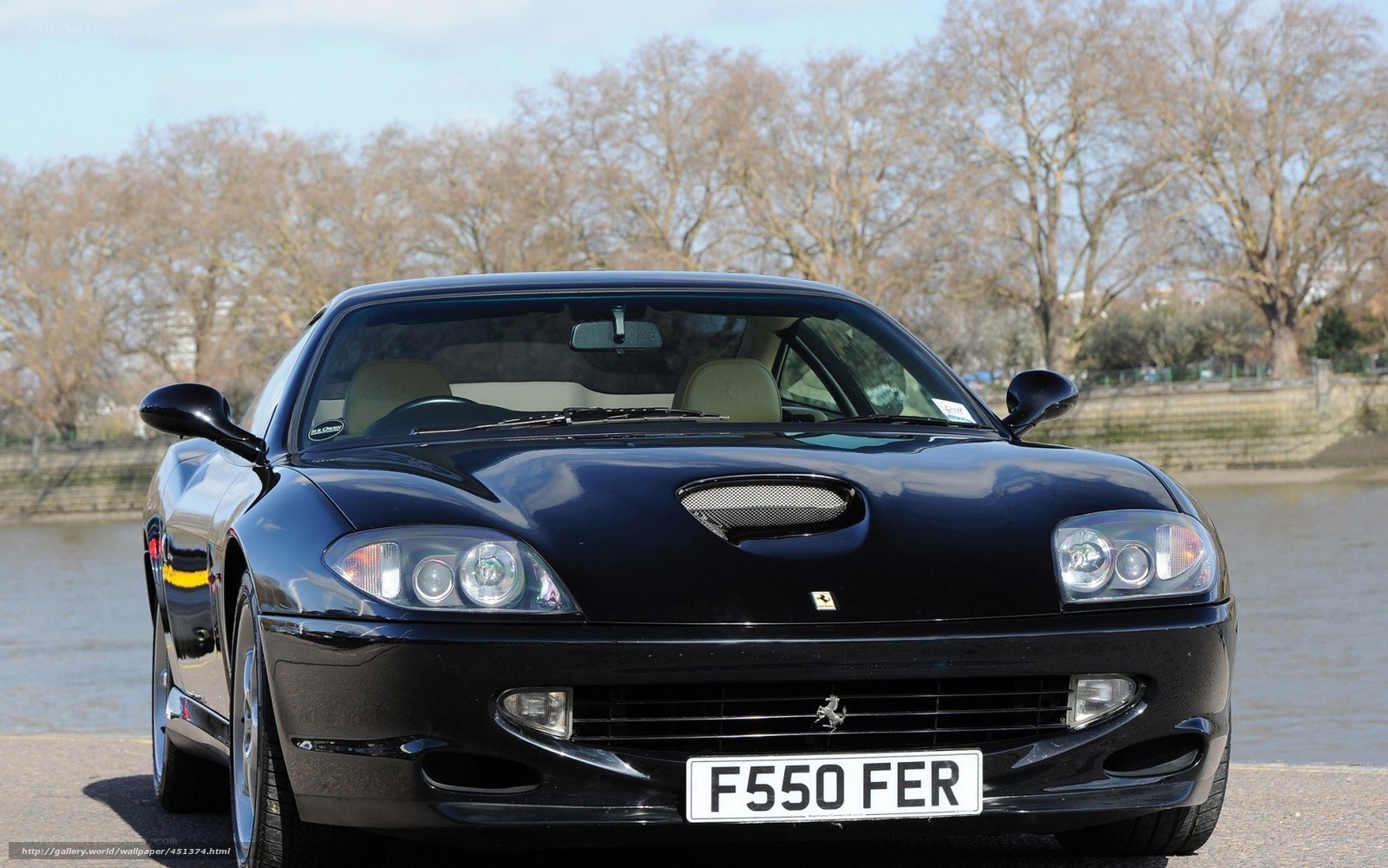 Black Ferrari F550 parked by river