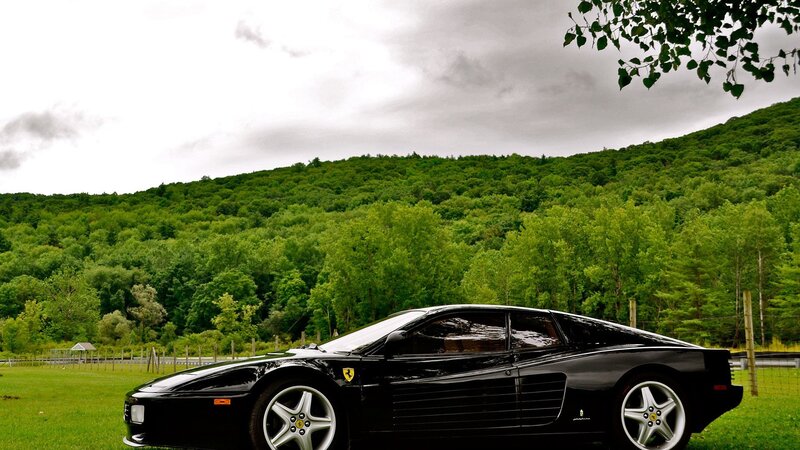 Black Ferrari in a green field