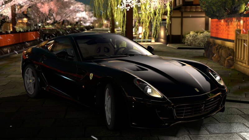 Black Ferrari in cherry blossom night