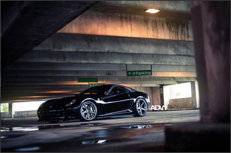 Black Ferrari in parking garage