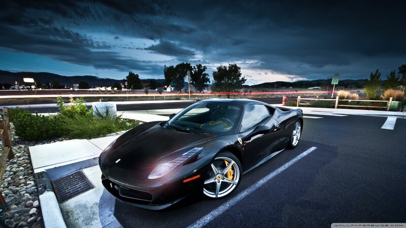 Black Ferrari in Parking Lot — Dramatic, Night