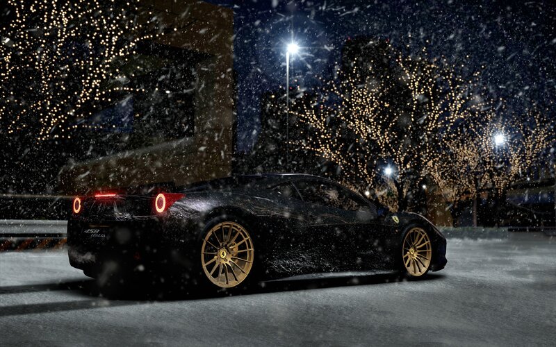 Black Ferrari in Snow — Dramatic