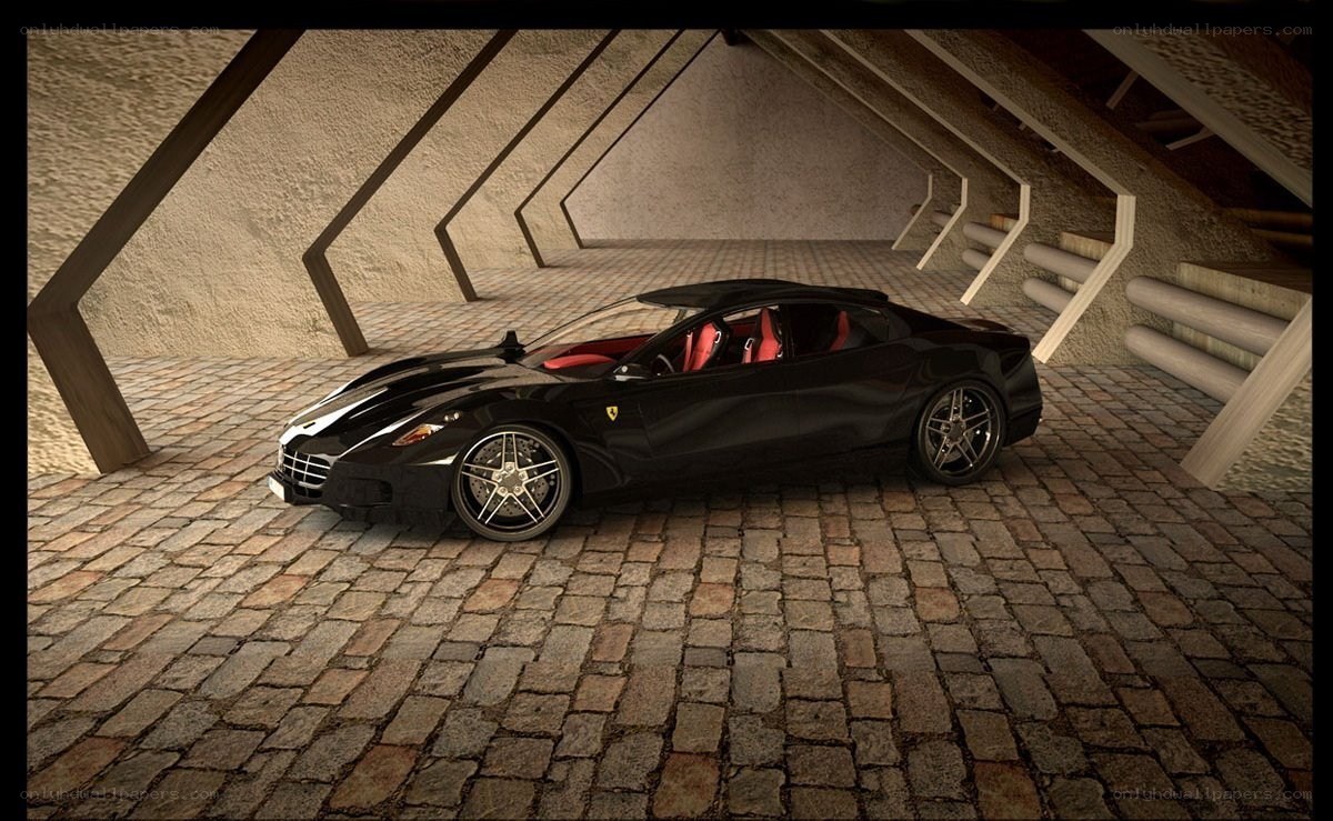 Black Ferrari in stone garage