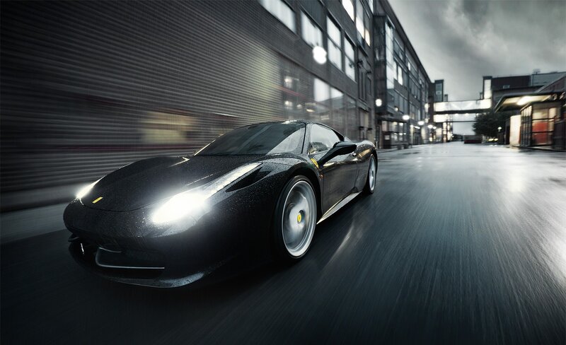 Black Ferrari on wet street