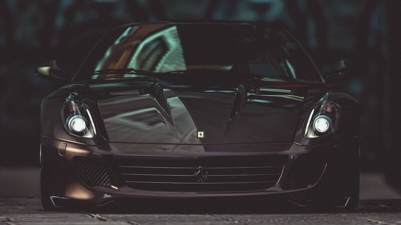 Black Ferrari Sports Car — Dark, Night