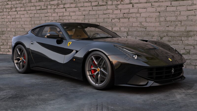 Black Ferrari Sports Car — Dramatic, 3d Render, Brick Wall, Concrete Floor