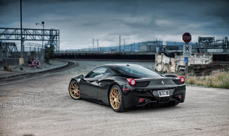 Black Ferrari Sports Car — Dramatic, Photograph, Stop Sign, Train Tracks