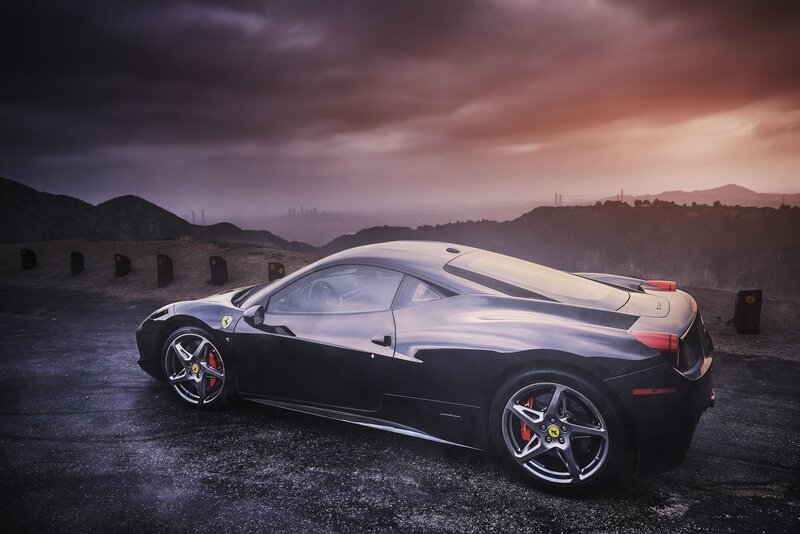 Black Ferrari Sports Car — Dramatic, Sunset