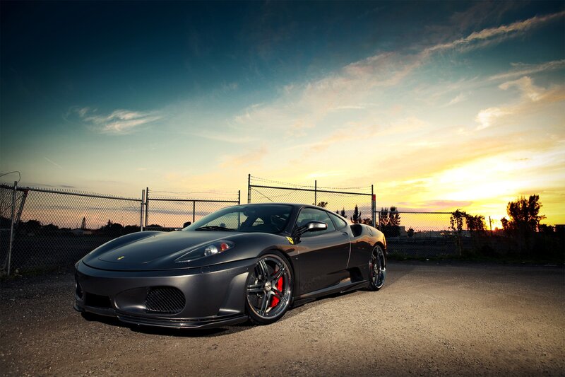 Black Ferrari Sports Car — Gray, Dramatic, Sunset