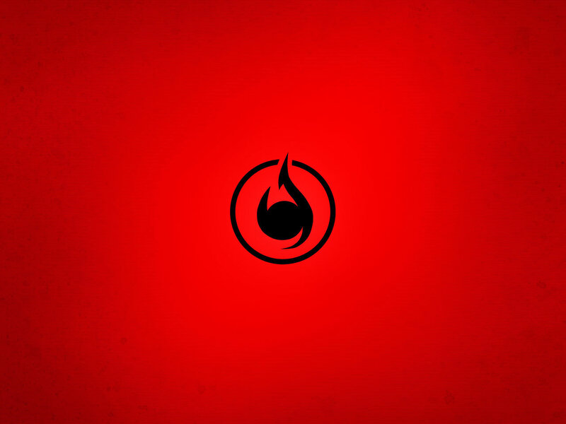 black flame logo on red