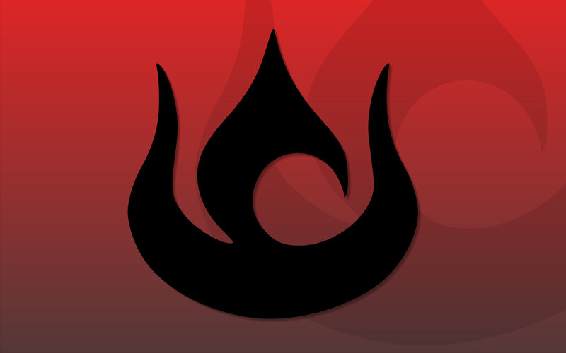 black flame symbol on red