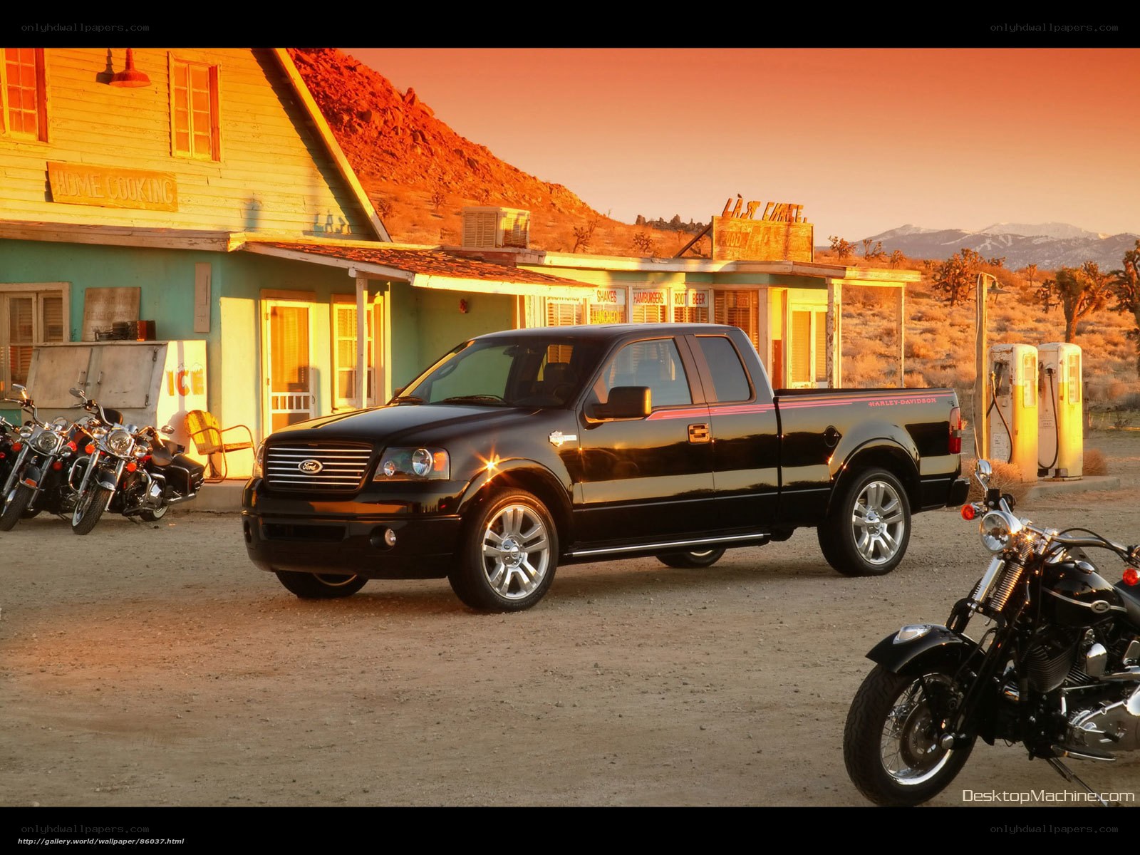 Black Ford F-150 at desert gas station