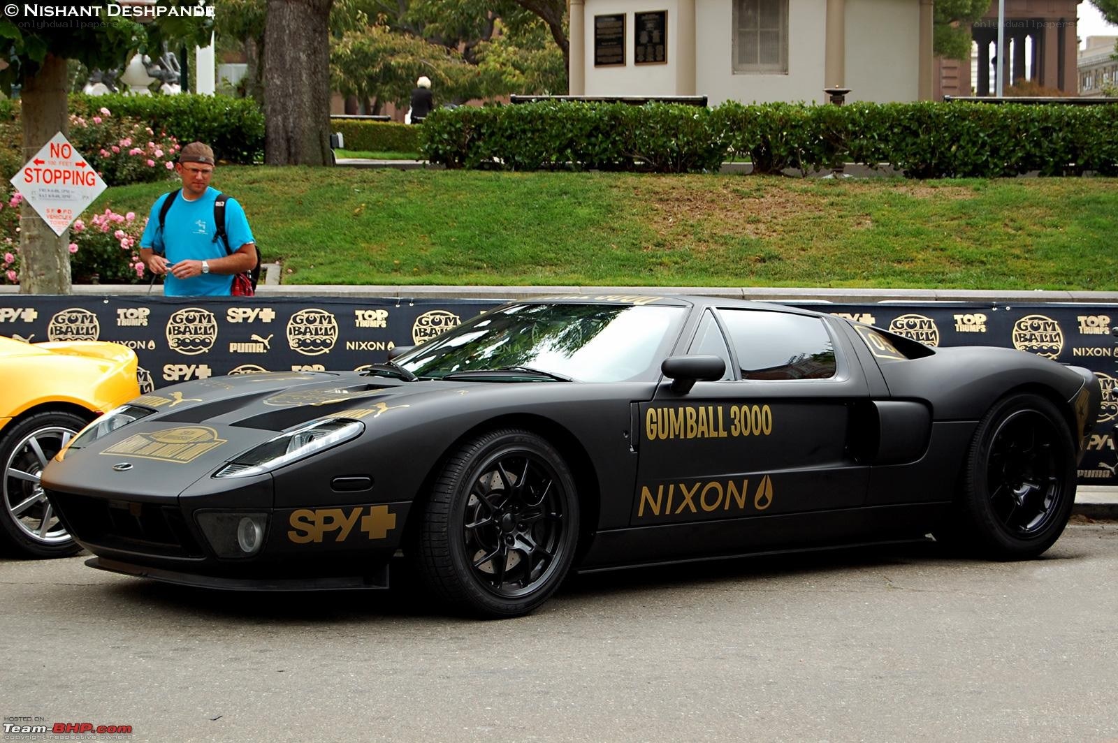 Black Ford GT with sponsor decals