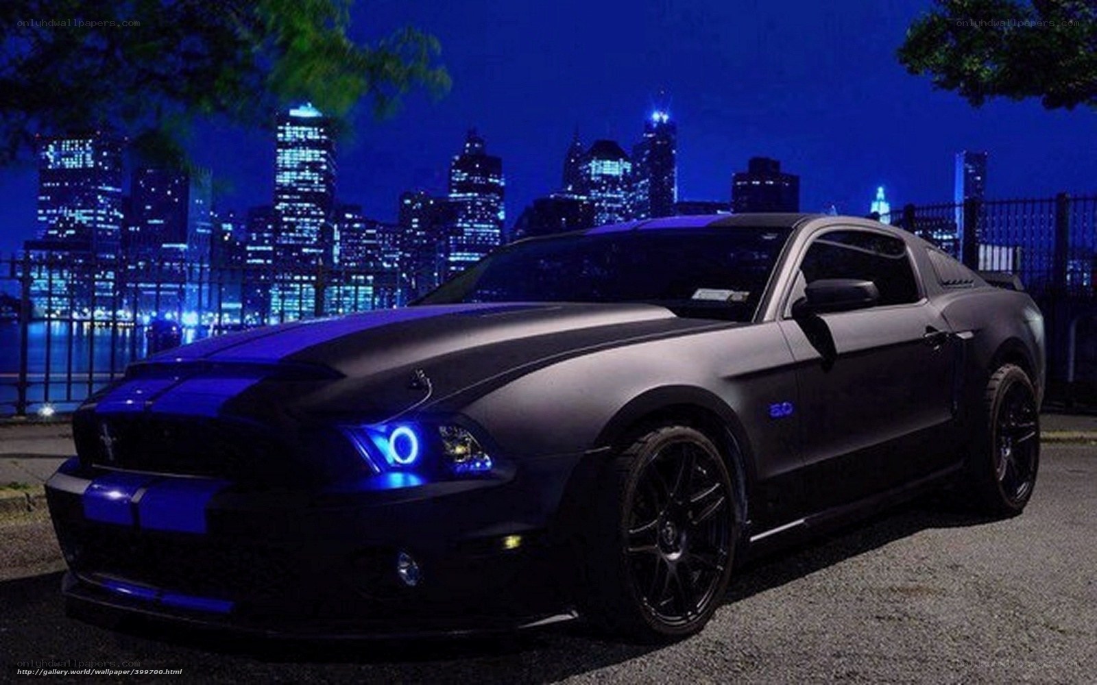 Black Ford Mustang at night