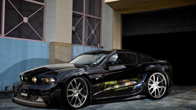 Black Ford Mustang — Dramatic, Photograph, Car, Building, Garage