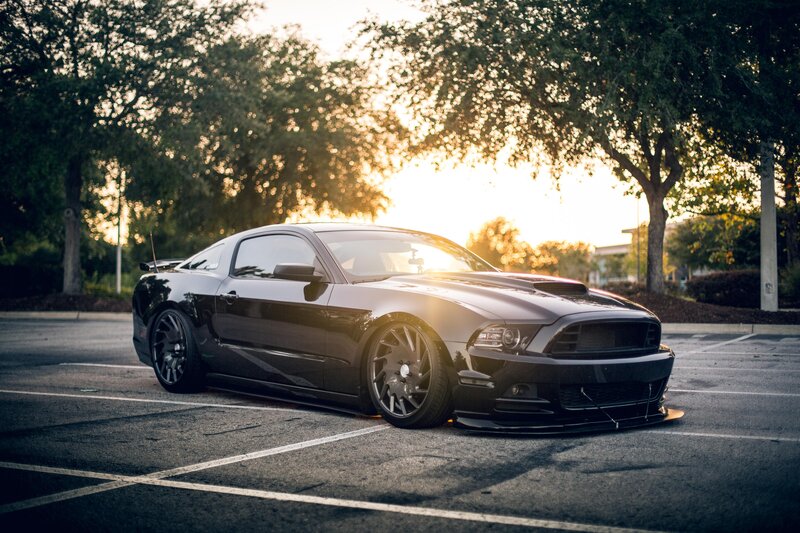 Black Ford Mustang — Dramatic, Sunset, Photograph, Car