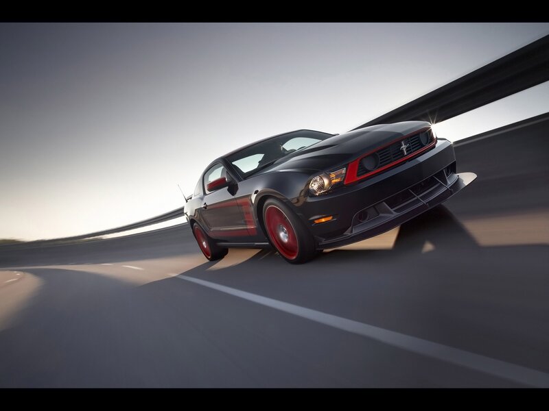 Black Ford Mustang — Dynamic, Sunset, Photograph, Car, Road, Guardrail, Red, Gray
