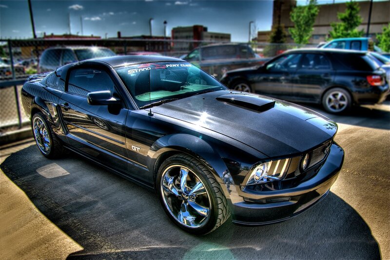 Black Ford Mustang GT parked