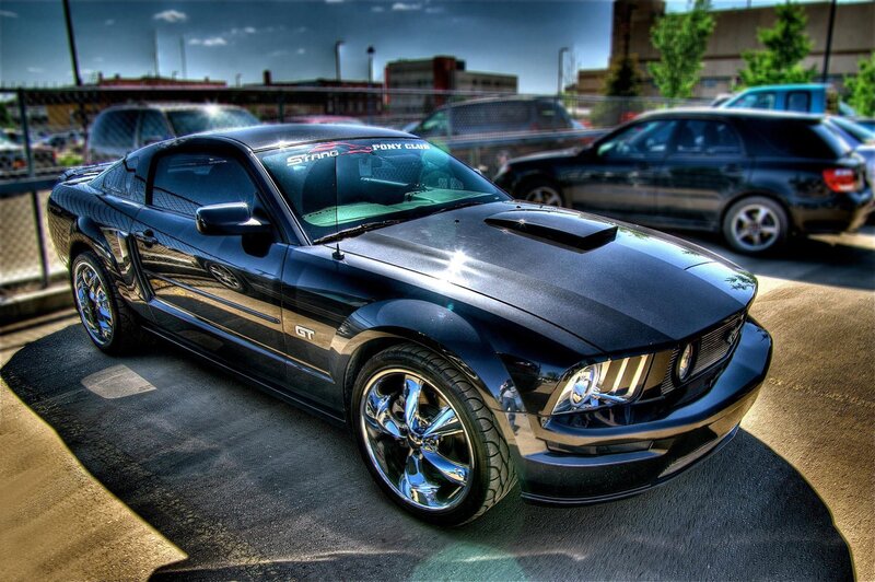 Black Ford Mustang GT parked