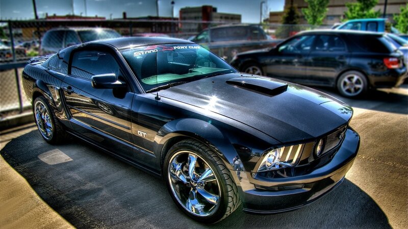 Black Ford Mustang GT parked