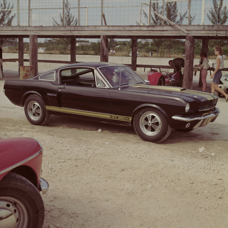 Black Ford Mustang GT350H at a racetrack