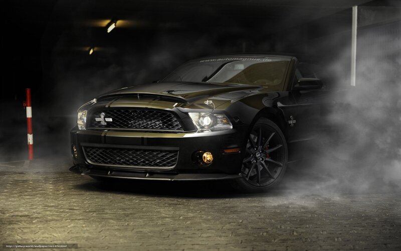 Black Ford Mustang in a smoky garage