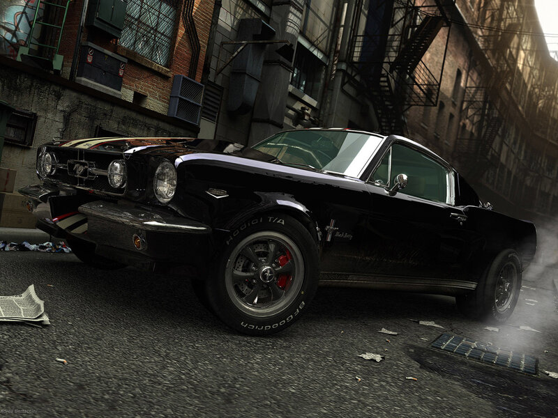 Black Ford Mustang in alley